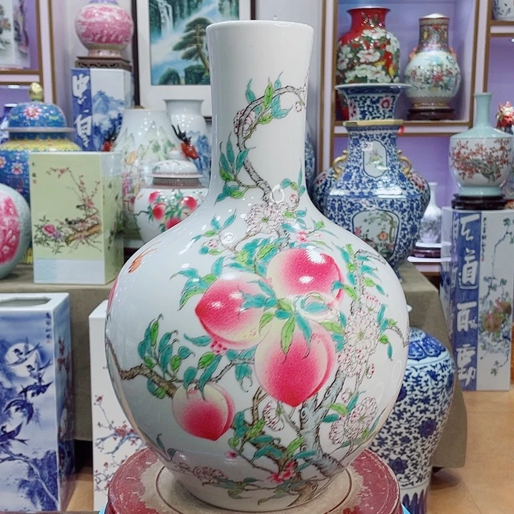 花瓶全手工粉彩九桃天球瓶