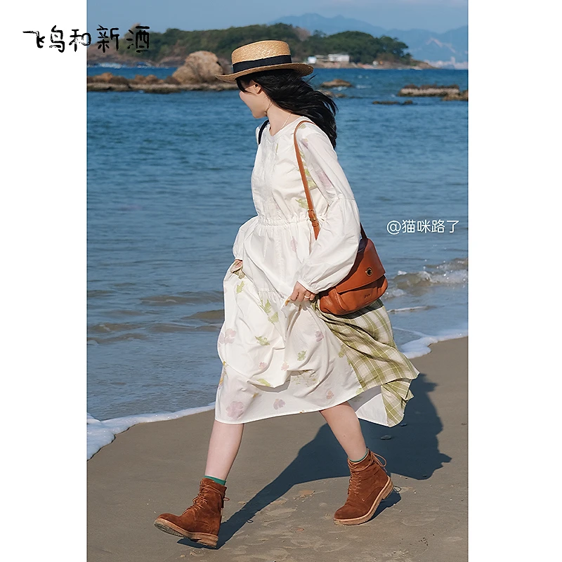 【新】飞鸟和新酒拼接格纹宽松女圆领春纯棉显瘦连衣裙FD510182024