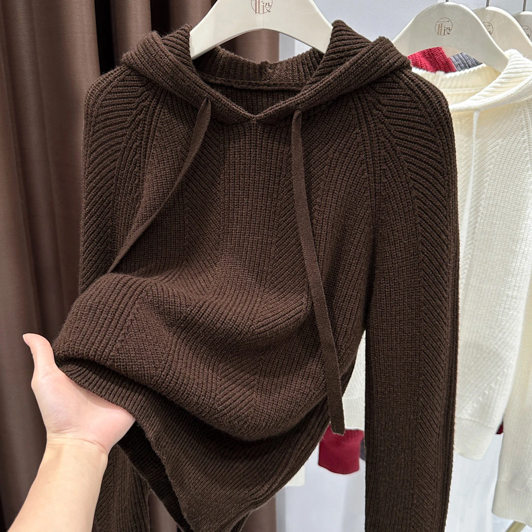 复古咖色抽绳连帽针织打底衫女2026新款休闲百搭套头长袖t恤上衣