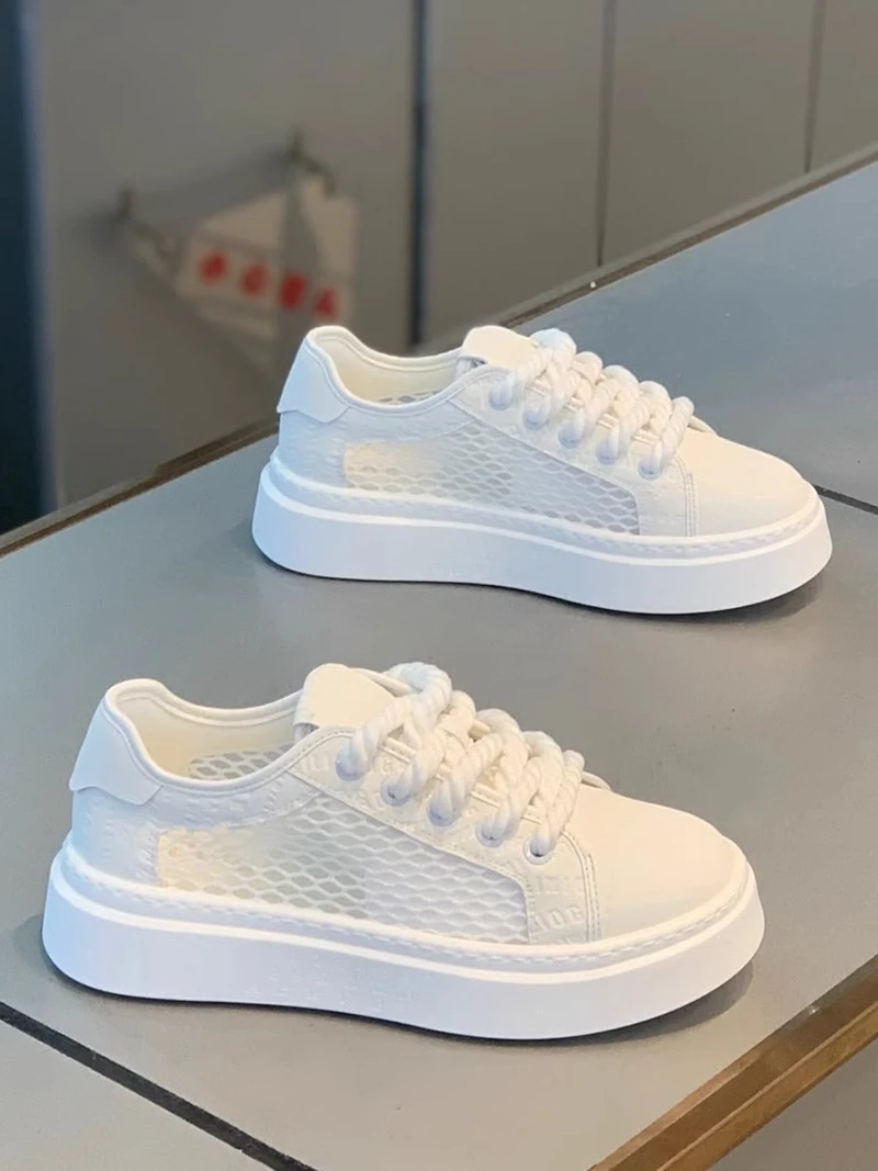 男鞋2025夏季新款低帮厚底小白鞋网面透气板鞋镂空爆款系带休闲鞋