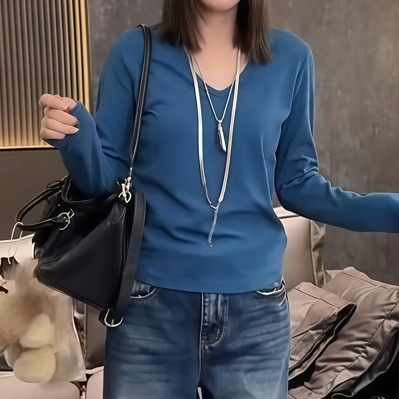 2026新款秋冬纯色圆领长袖上衣女内搭T恤慵懒松弛感宽松打底衫潮