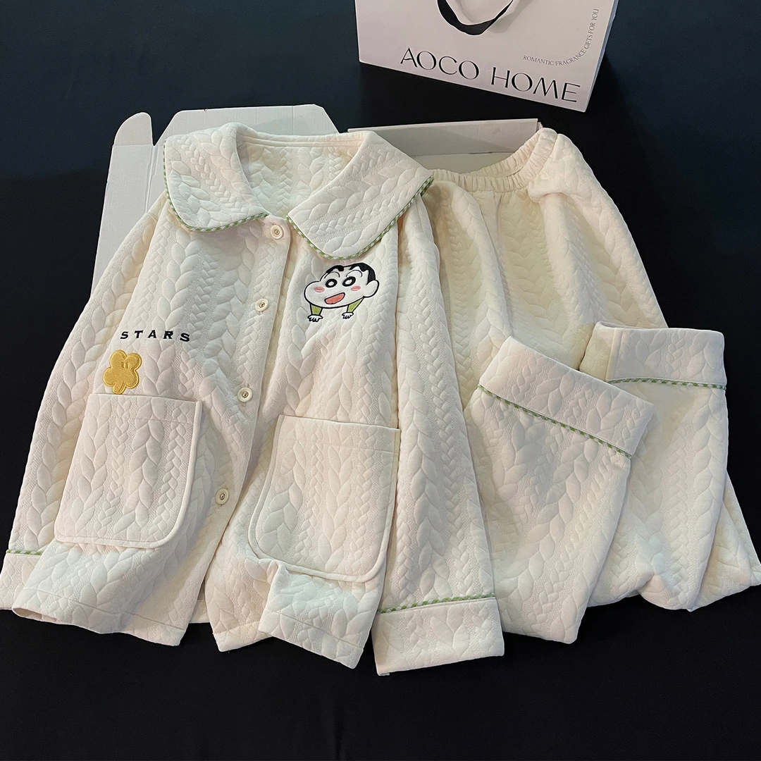 可爱学生睡衣女新款秋冬季加厚保暖空气棉夹层开衫卡通家居服套装
