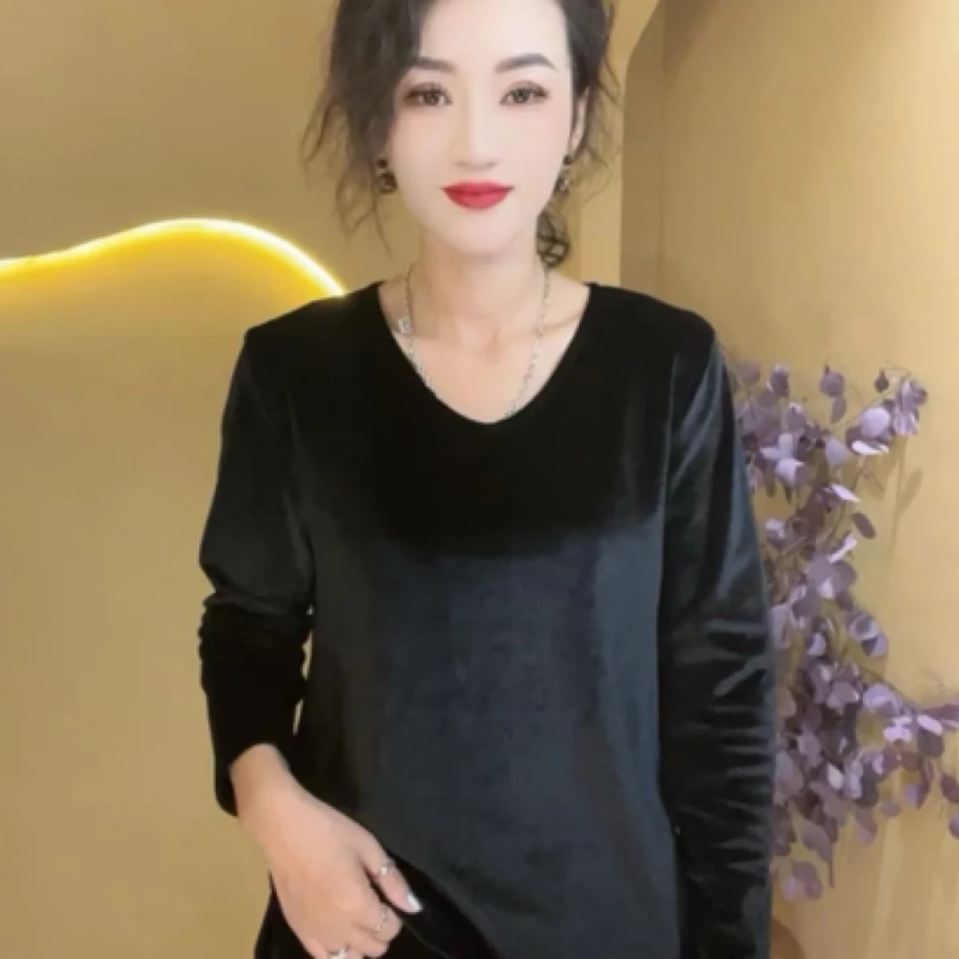 9002春秋休闲时尚金丝绒长袖网红百搭小衫洋气上衣黑色打底衫早秋