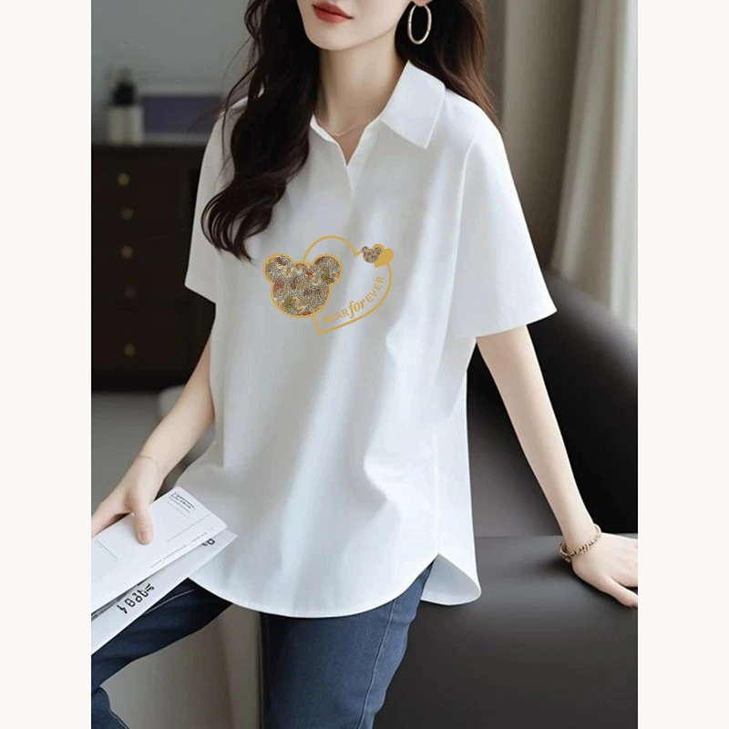 V领短袖t恤女中长款圆孤形下摆上衣夏季白色POLO领宽松遮肉打底衫