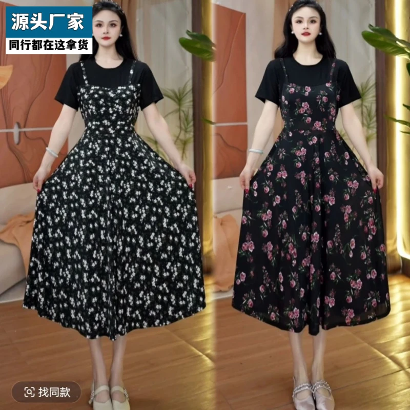 梵乐芬夏季新款碎花连衣裙短袖显瘦假两件中长款拼接洋气裙子