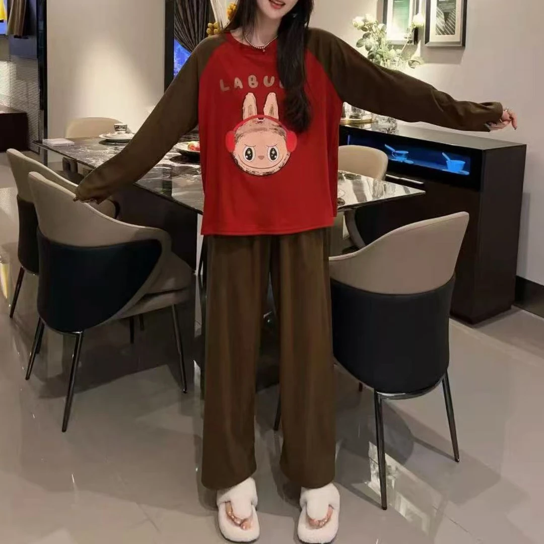 LBB拼接撞色舒适双面绒家居服套装宅家秀宽松保暖睡衣两件套