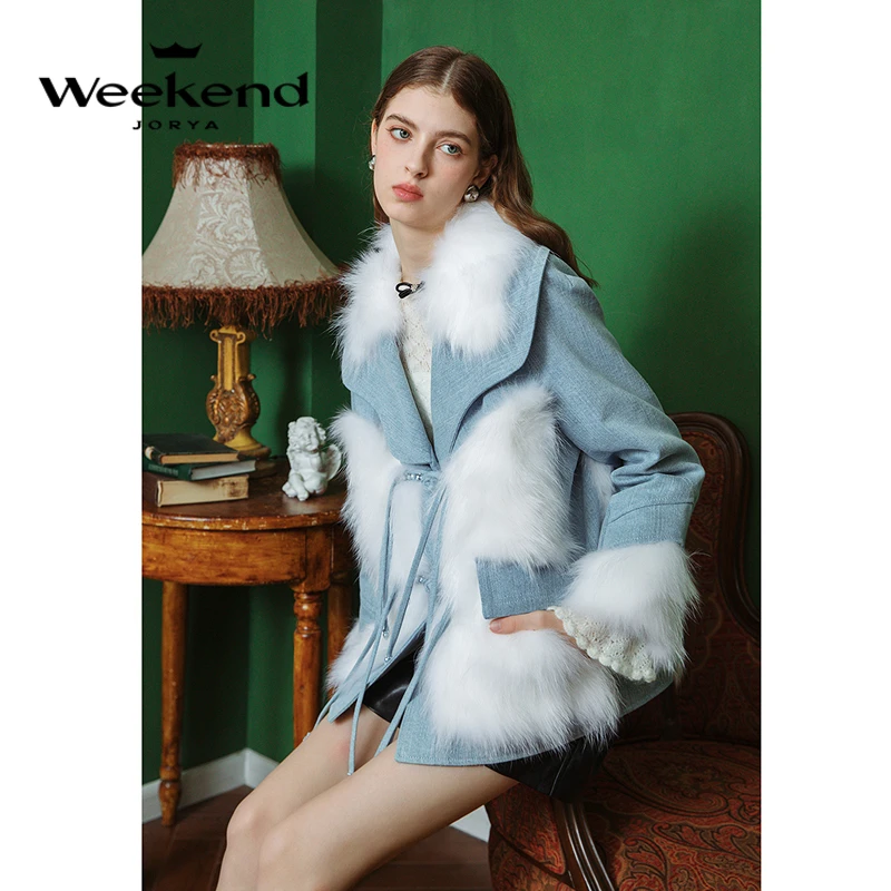 卓雅周末冬新款复古国朝新中式水洗牛仔拼接时尚皮草外套EJWDDZ72