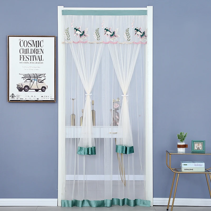 家用防蚊门帘免打孔蕾丝纱门隔断帘卧室厨房装饰帘卫生间自粘双层