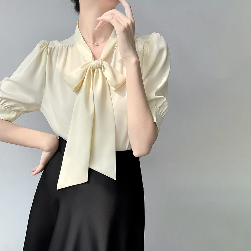 韩帛雅蝴蝶结飘带短袖衬衫女士夏装新款通勤职业面试衬衣显瘦上衣
