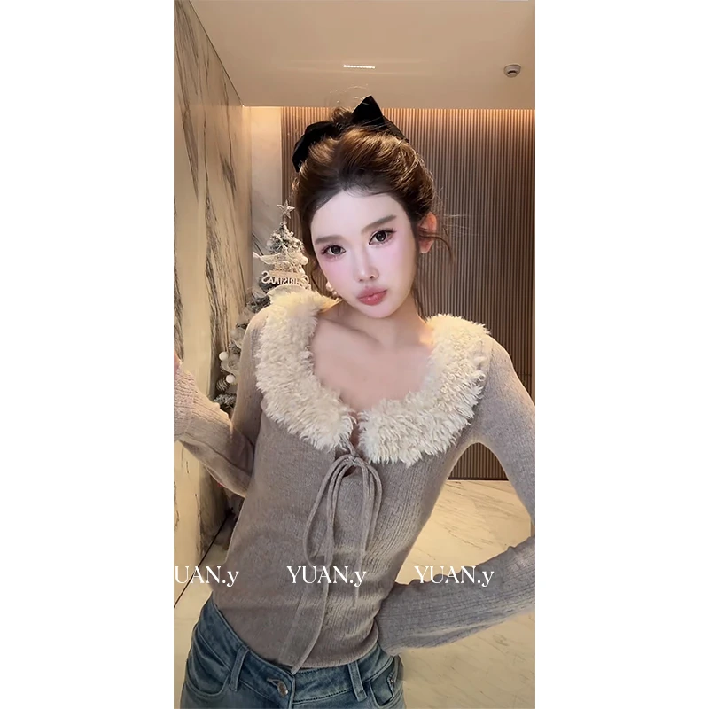 媛媛【富家小乖】毛领千金感温柔韩系百搭秋冬新款t恤上衣女#D1094