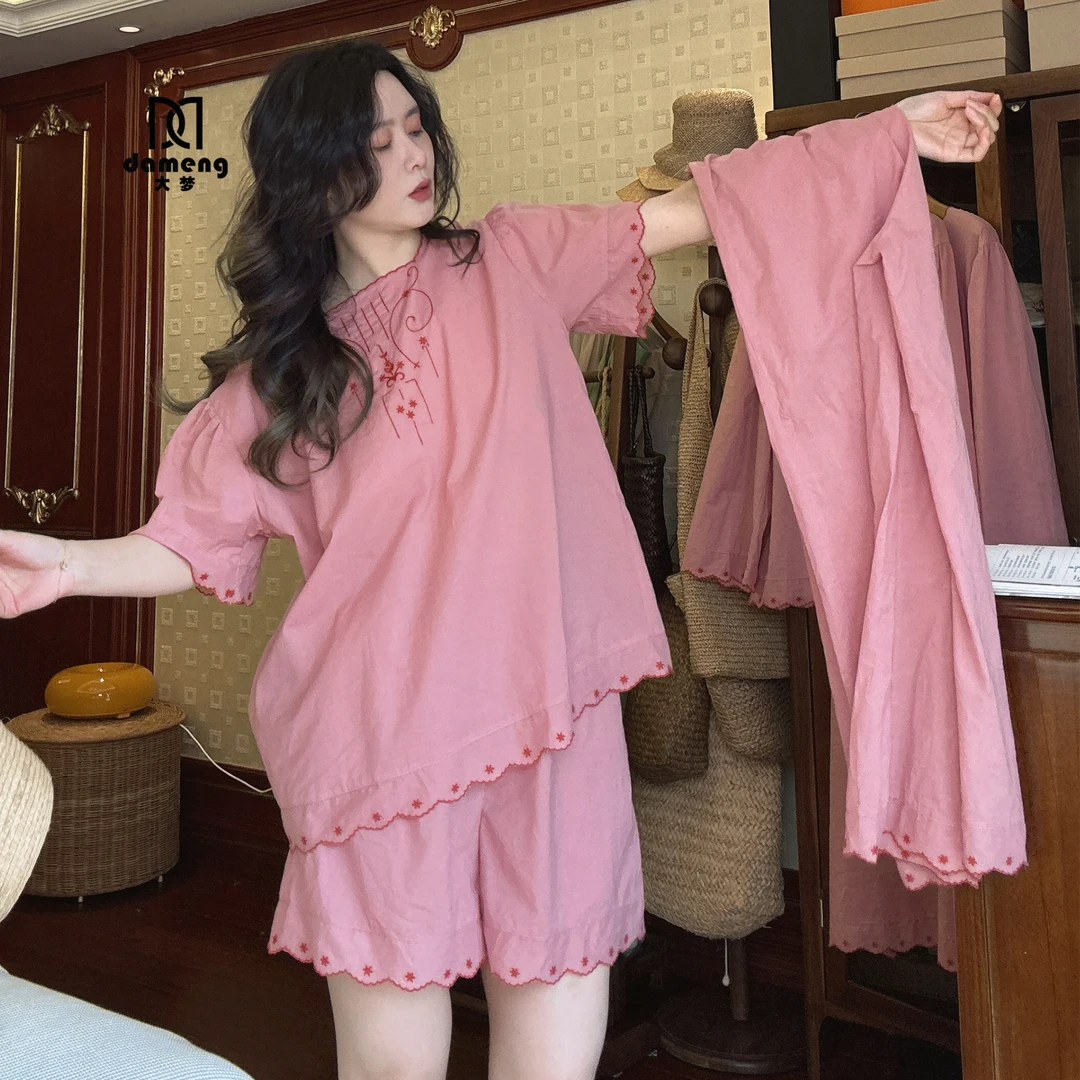 春夏季套头睡衣女士纯棉薄款刺绣套装宽松短袖长裤大码夏天家居服