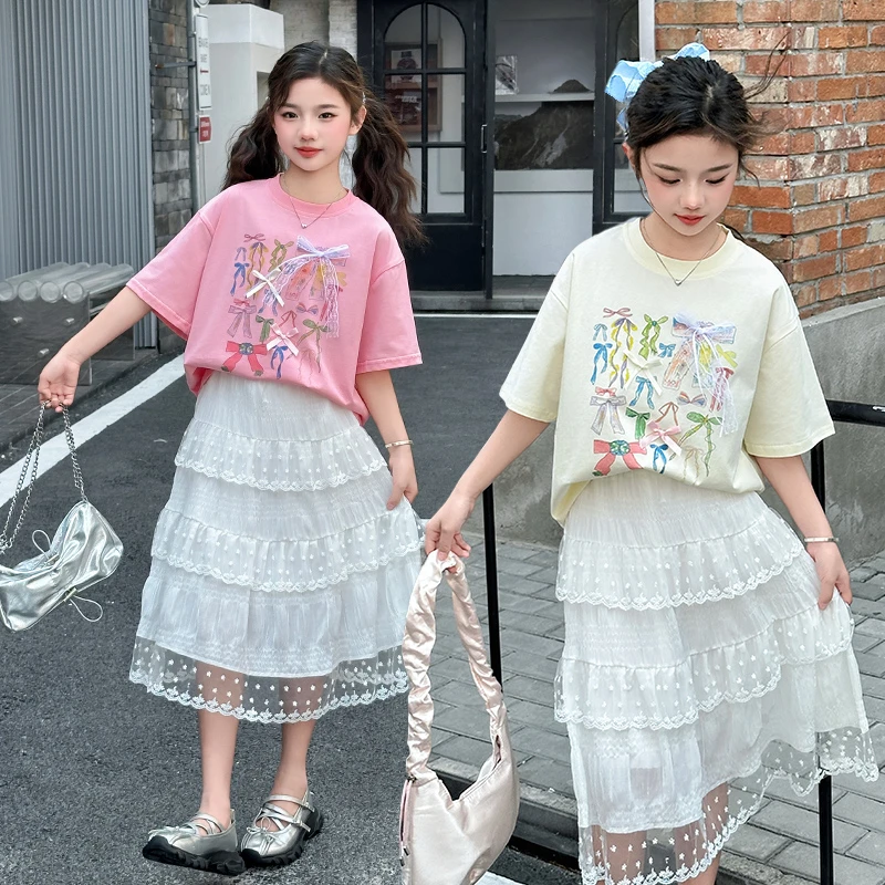 女童夏装2025新款中大童装洋气休闲夏季蝴蝶结短袖半身裙两件套