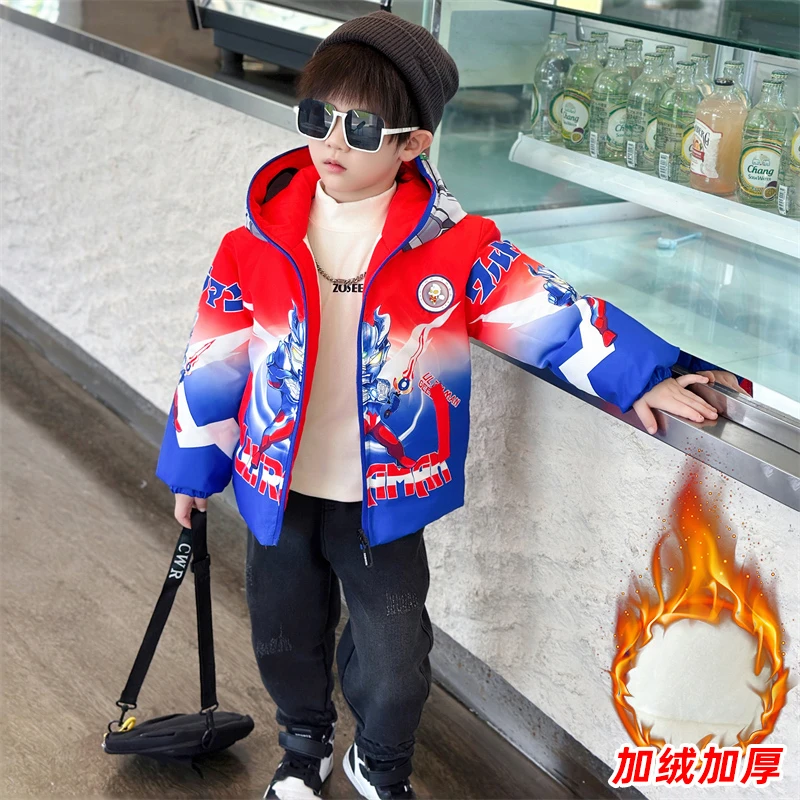 2025新款痞帅奥特曼中小男童连帽帅气宝宝冬季酷保暖棉袄亮灯棉衣