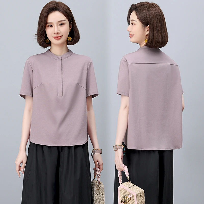 2025小香风舒适设计文艺休闲宽松百搭女式上衣设计小立领短袖T恤