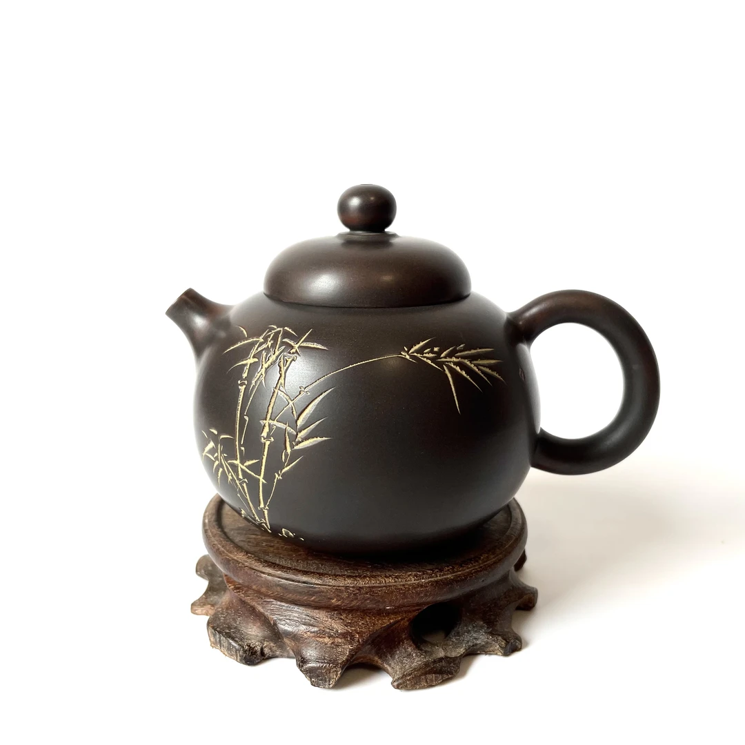 广西钦州坭兴陶纯手工茶壶刻竹子