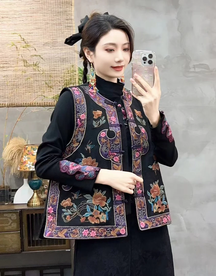 6361新款 国风绣花加棉马甲中式时尚加厚立领保暖提花