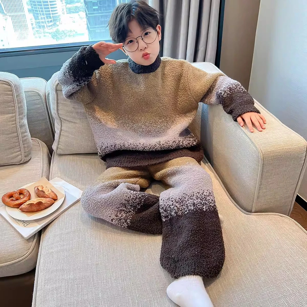 儿童装半边绒睡衣男童冬装家居服套装2025新款大童男孩加厚保暖潮