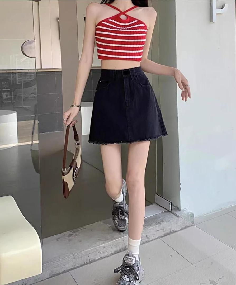 5118夏季新款美式复古高腰修身显瘦毛边A字半身牛仔裙