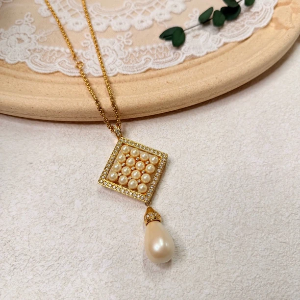 铜合金仿珍珠项链 【六六中古】孤品复古项链胸针两用th7840链长70