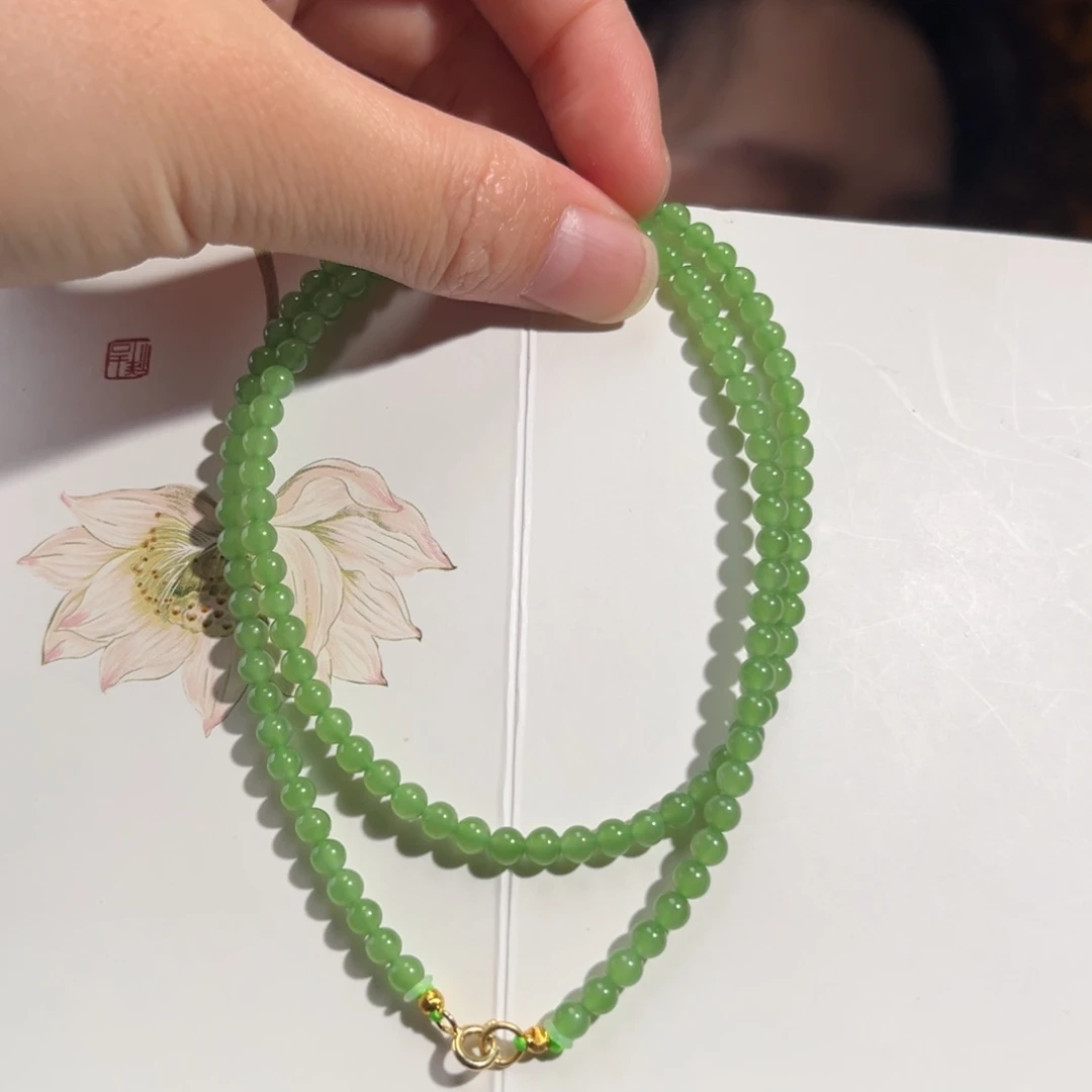 和田玉银S925镶嵌颈饰碧玉苹果绿色4mm440