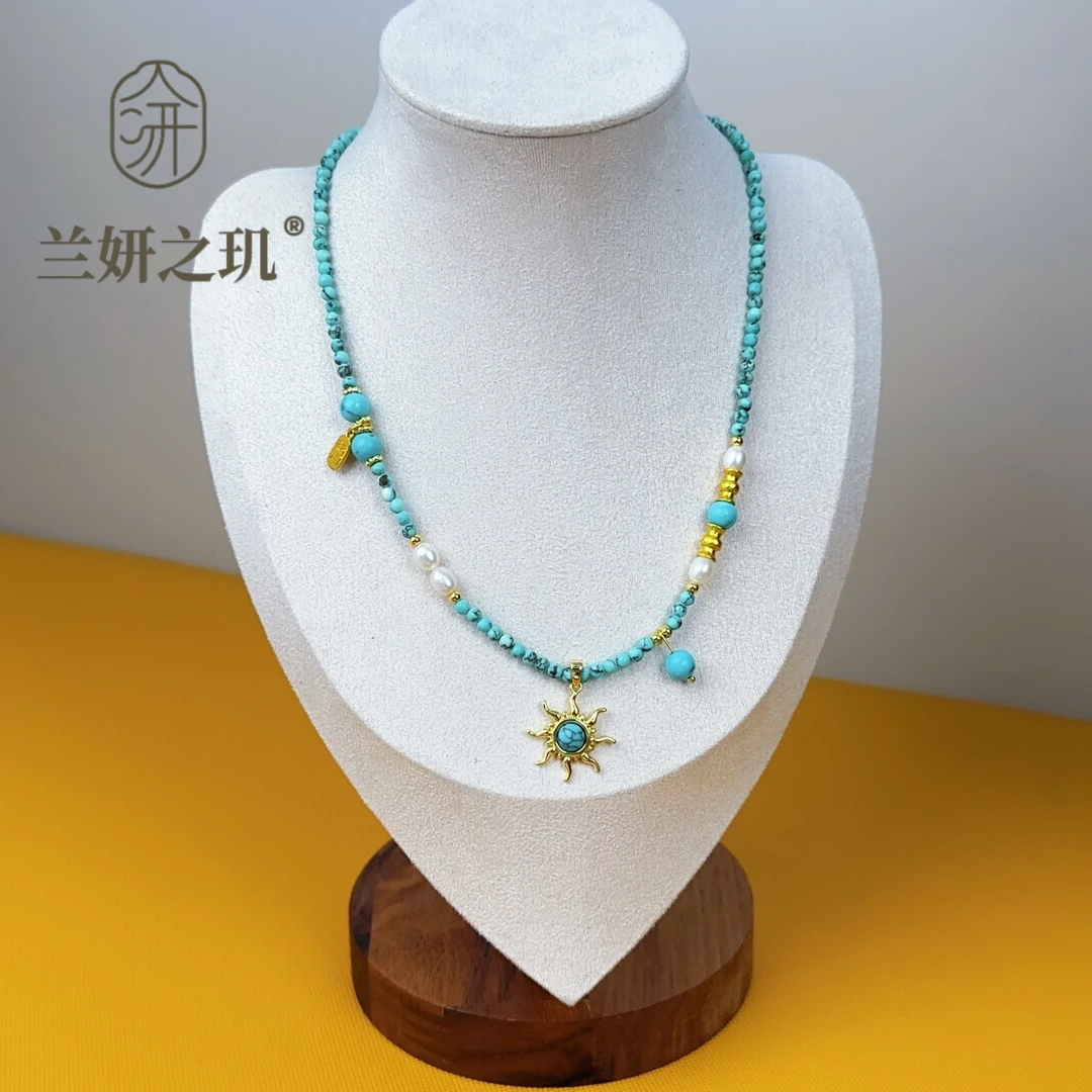 淡水珍珠 3mm绿色松石珍珠项链太阳吊坠 新中式天然石串珠链 8960