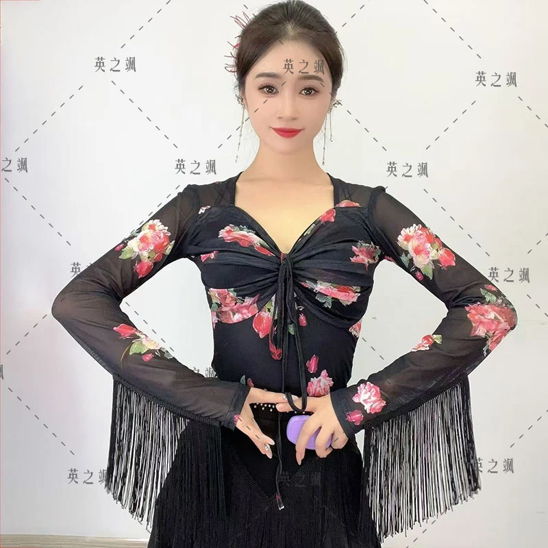 【英之飒】5027长袖连体显瘦长袖舞服跳舞时尚百搭打底衫流苏舞蹈服