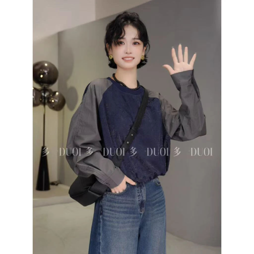 多一“美式高街”2025早秋美式撞色插肩袖暗纹花色下摆可抽绳卫衣
