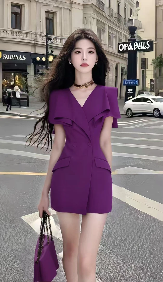 轻奢优雅温柔知性风高端大气紫色修身V领收腰短袖包臀连衣裙女
