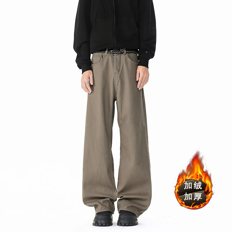 冬季加绒加厚美式复古cleanfit高街休闲裤男女款宽松直筒工装长裤