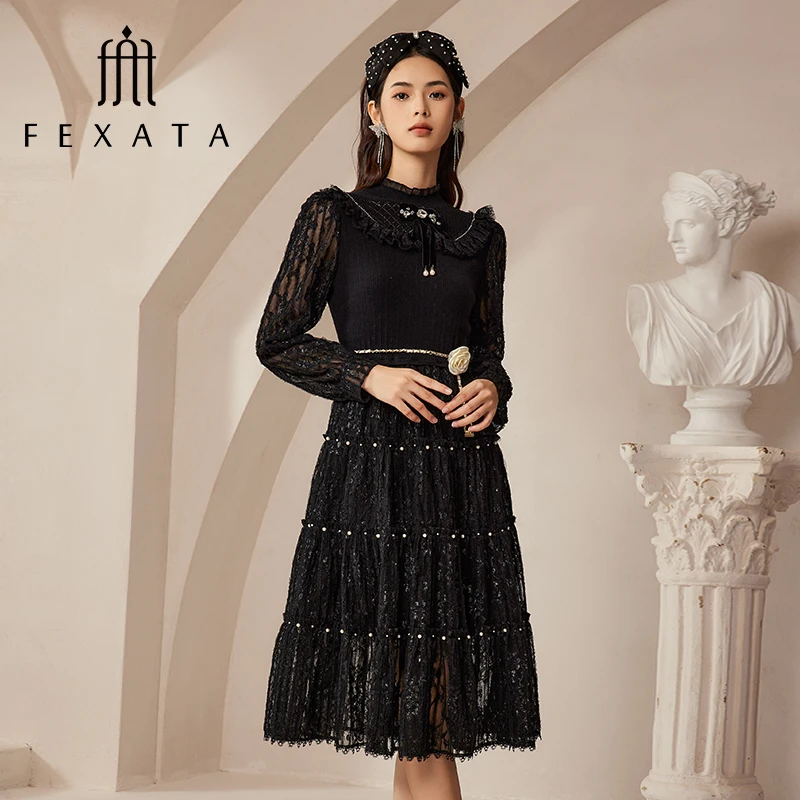 【媛媛女王严选】FEXATA斐格思法式名媛钉珠复古蕾丝裙黑色连衣裙