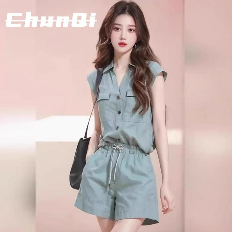 淳启减龄搭配一整套夏装女装又飒套装蓝色简约衬衫短裤时尚两件套