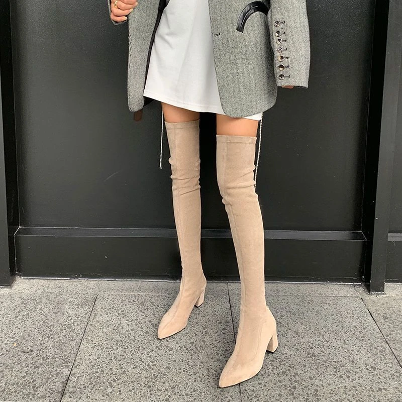 尖头高跟过膝靴女潮2025秋冬新款显瘦弹力靴高筒绒面长筒靴瘦瘦靴