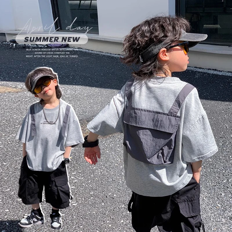 男童短袖套装2025新款灰色书包口袋潮牌儿童夏装套装