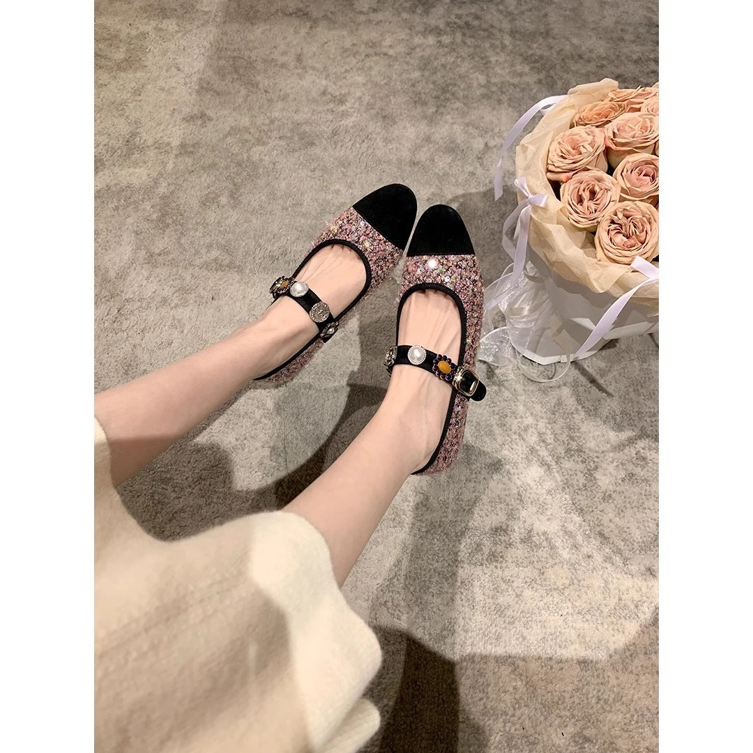 羊皮版~苏茵茵同款气质小香风花呢拼色一字扣新款玛丽珍鞋女单鞋