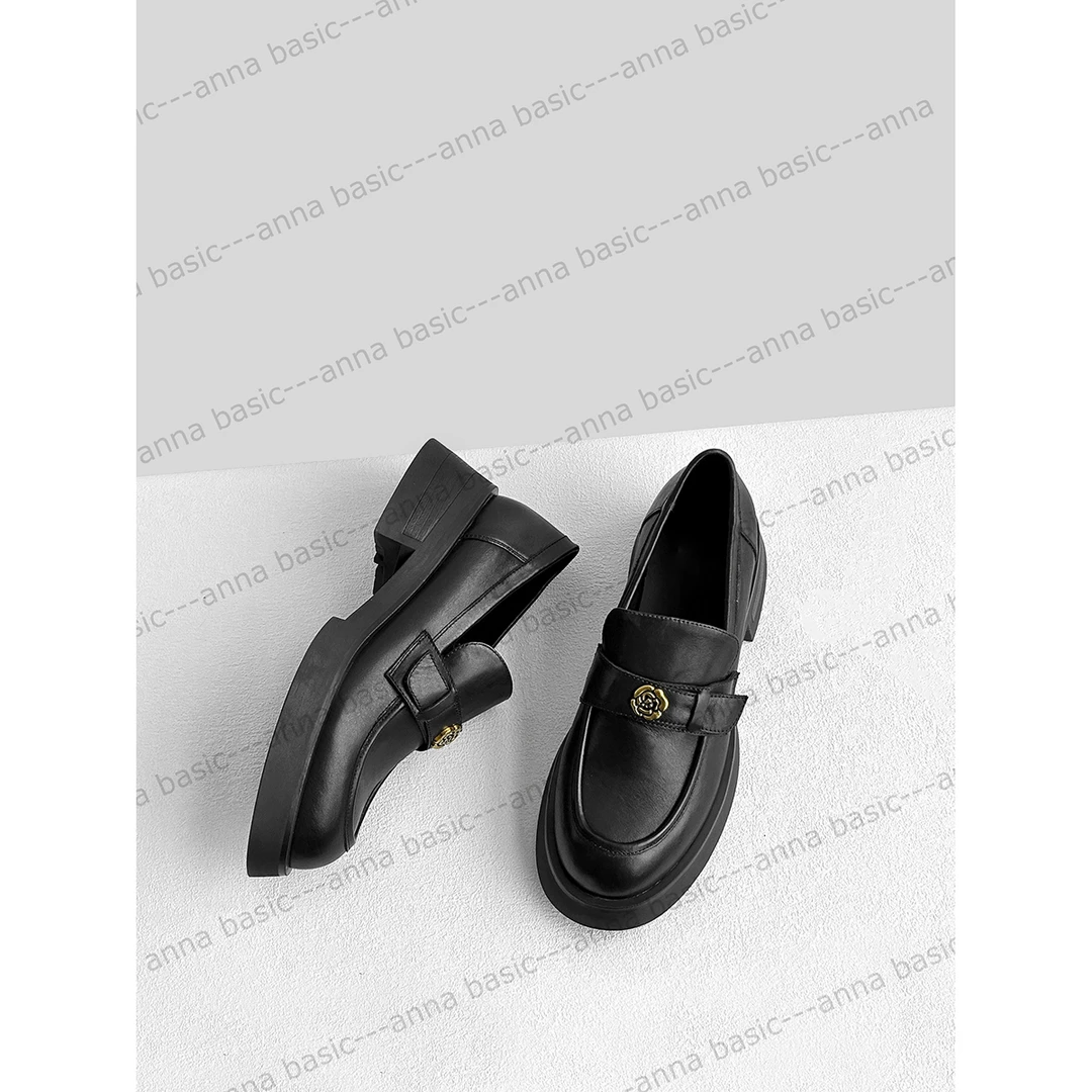 5cm/UM1858牛皮厚底乐福鞋女春季新款百搭圆头粗跟中跟单鞋休闲