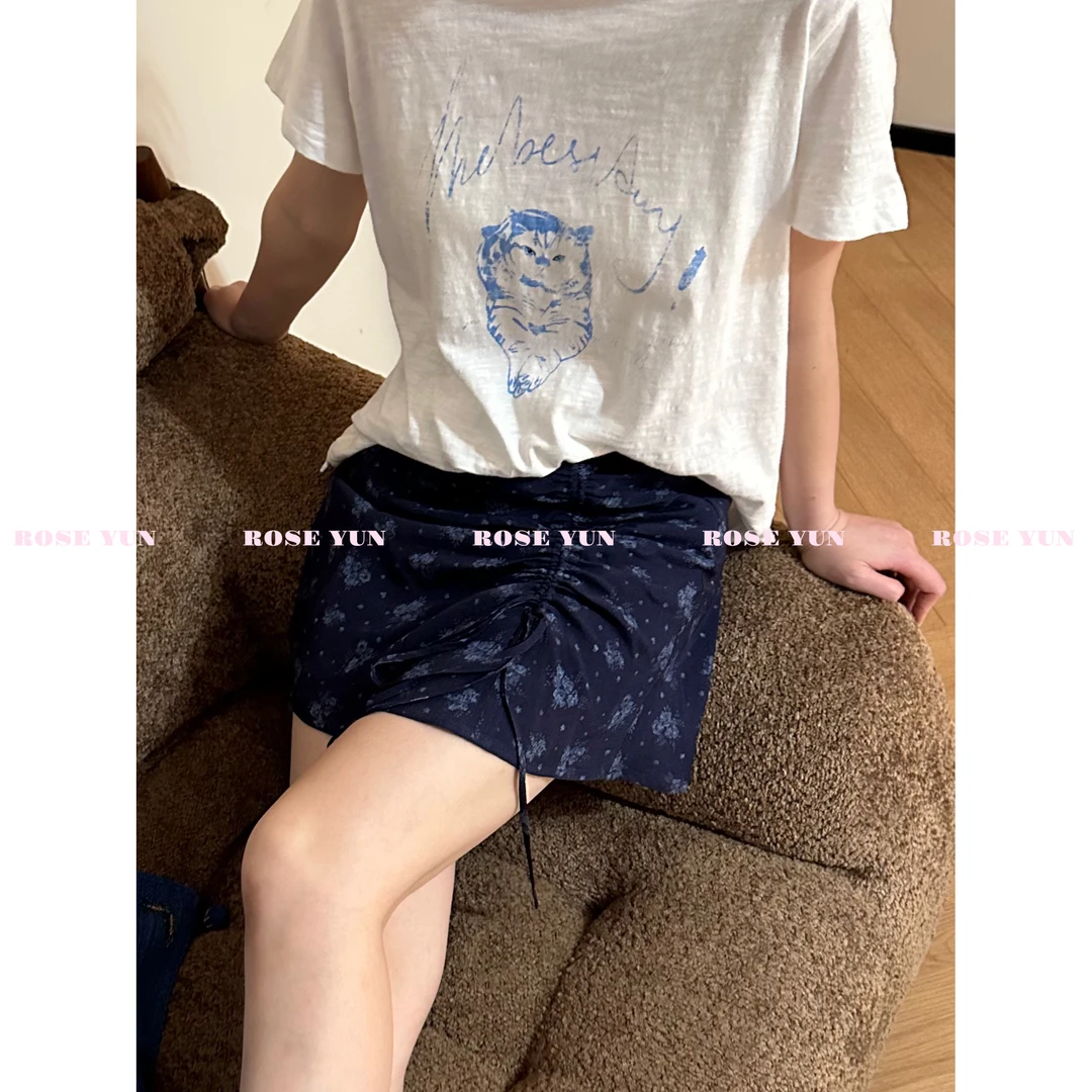 【Rose Yun】鸾尾蓝 抽褶印花半身裙 JY065023