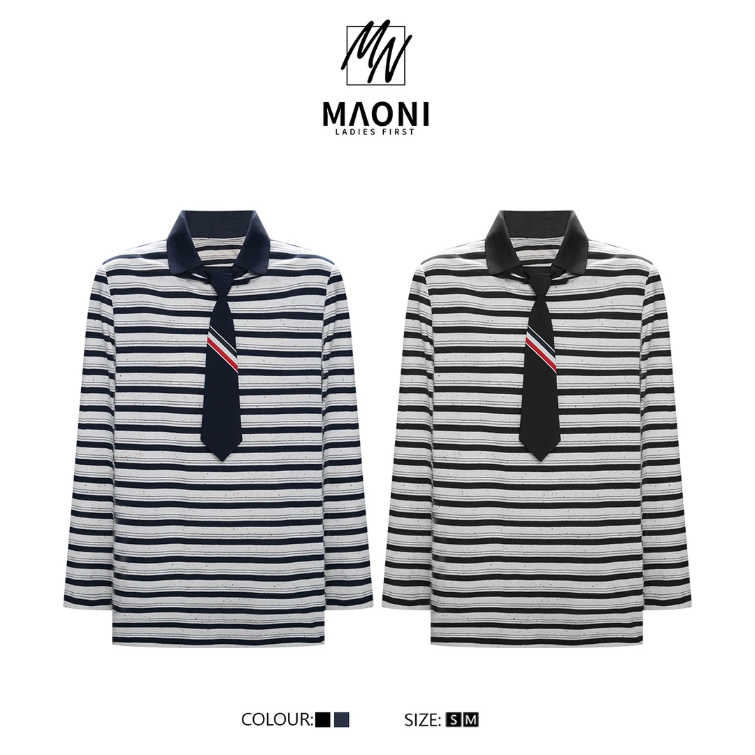 毛妮Peshe【条纹少女】早春POLO领气质休闲风宽松T恤配领带 L1445