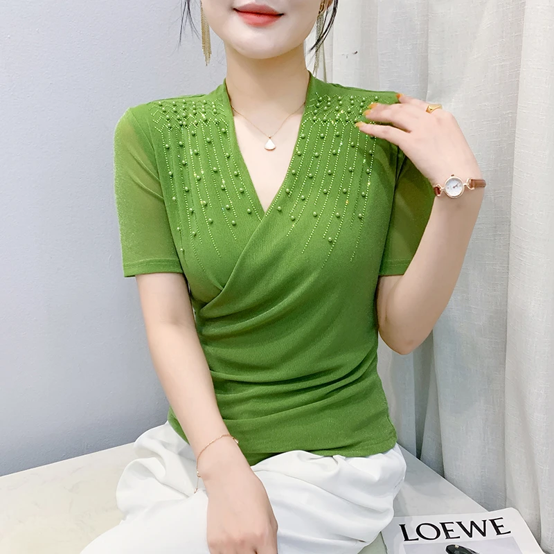 V领烫钻纯色网纱短袖t恤女2025年夏季新款洋气百搭小衫简约休闲装