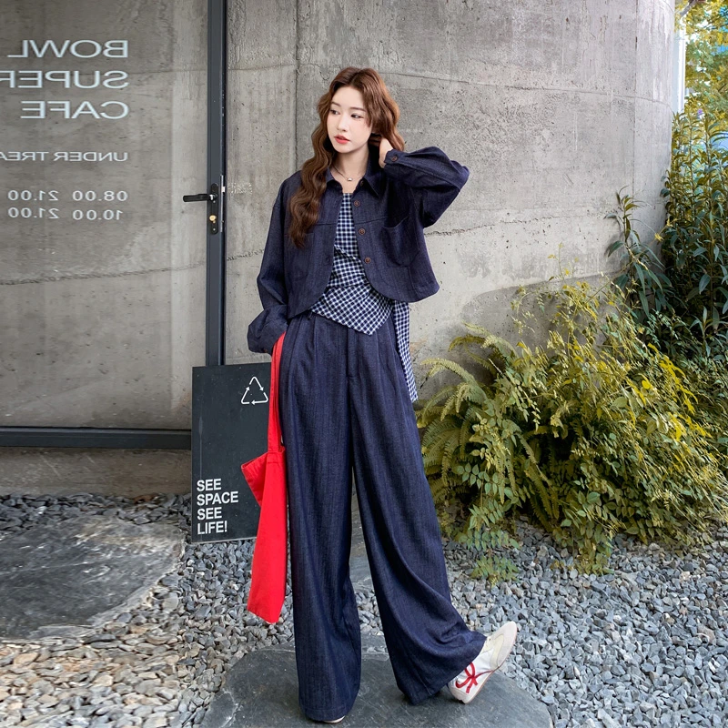 松弛感老钱风衬衫格纹吊带阔腿裤2025早秋新款韩系慵懒风三件套潮