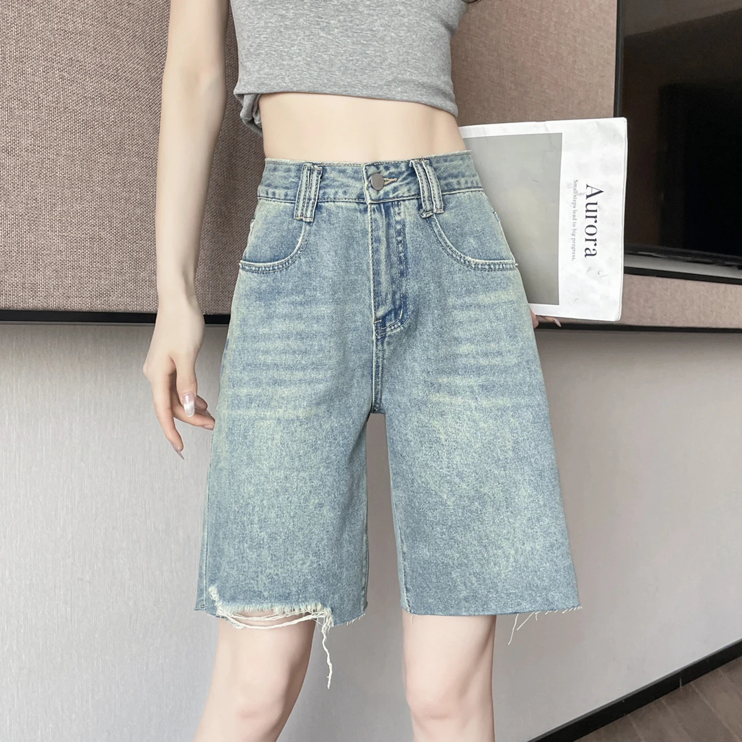 破洞毛边牛仔短裤女夏季薄款2025新款阔腿高腰中裤直筒宽松五分裤