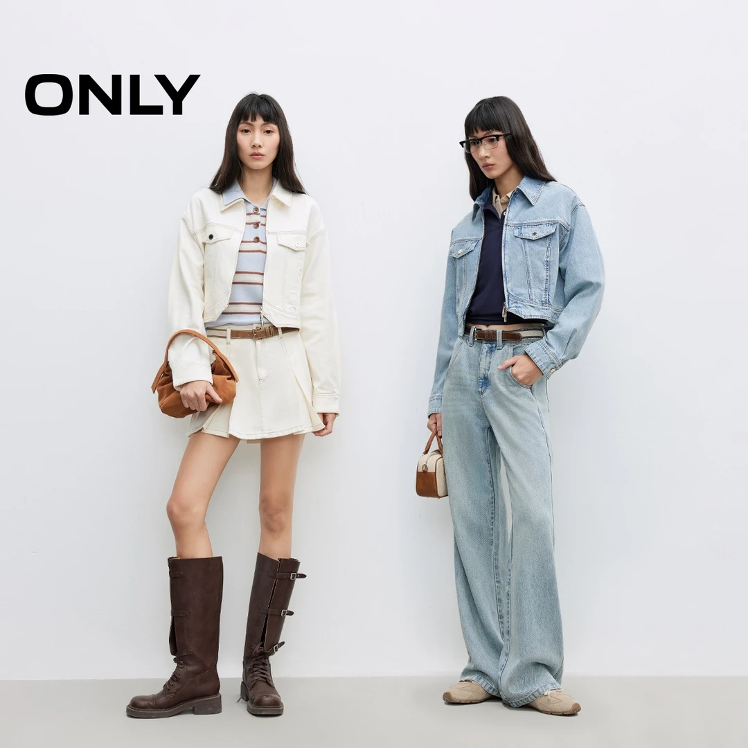 ONLY秋季落肩长袖双向拉链翻领牛仔外套休闲老钱风女装|125154013