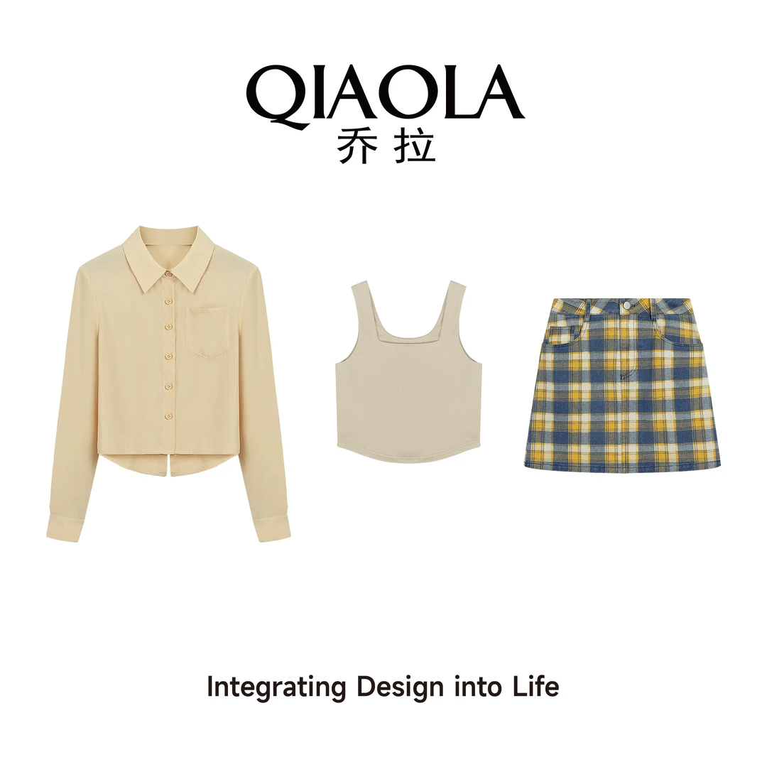 QIAOLA/乔拉【初恋格式】秋季梭织格纹翻领衬衫休闲减龄A版套装预售
