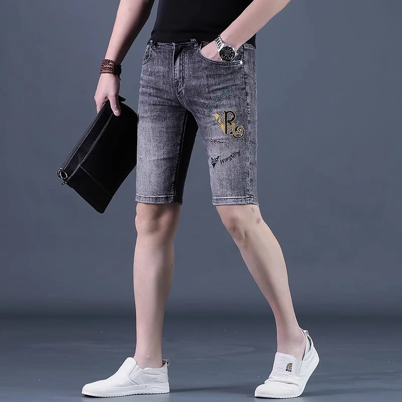 夏季裤子男短裤男士牛仔五分裤潮男修身中裤印花5分修身休闲马裤