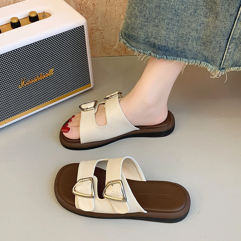 皮带扣外穿厚底休闲凉拖鞋女2025夏季新款圆头韩版松糕一字懒人鞋