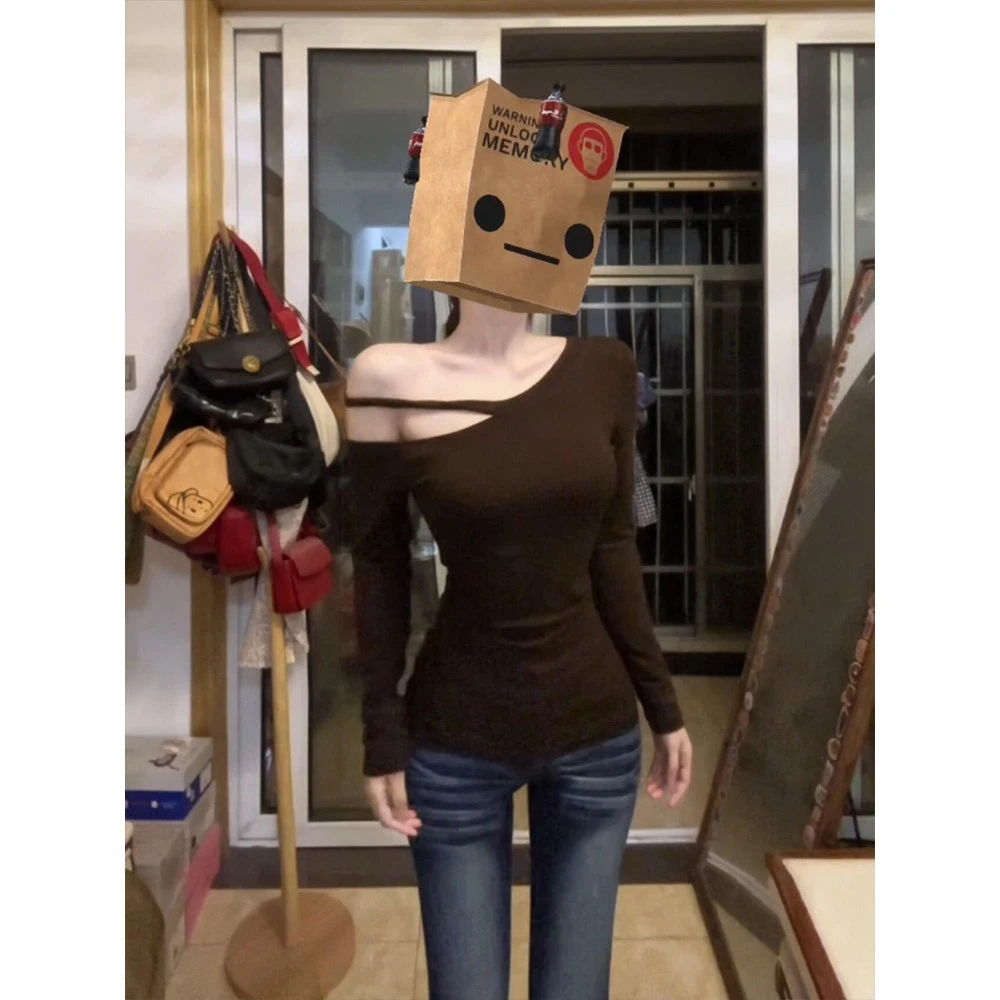 美式辣妹镂空设计感长袖t恤女秋冬内搭修身收腰打底露肩锁骨上衣