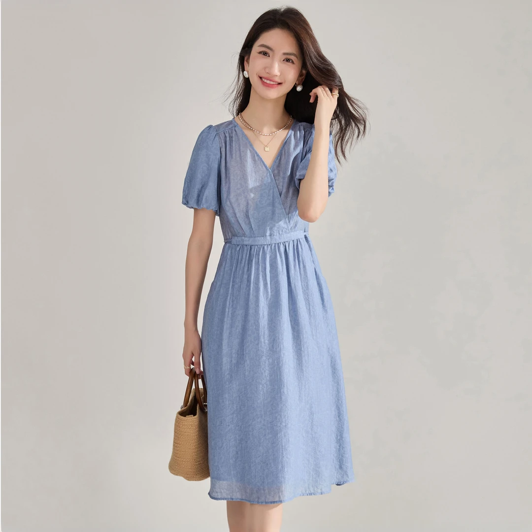 夏季时尚休闲系带V领连衣裙气质提花蓝色收腰连衣裙法式显瘦15711