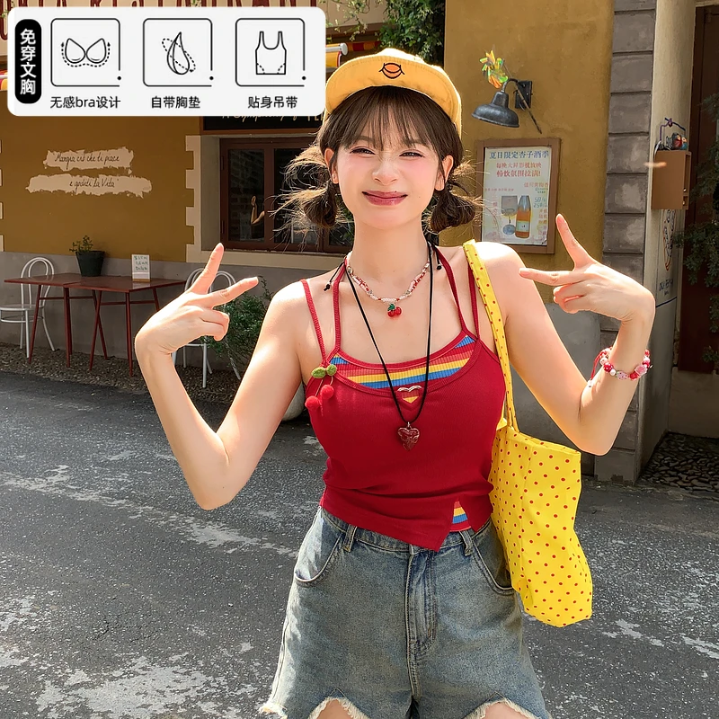 森女部落甜美显白修身短款假两件设计感挂脖背心吊带女2025夏季