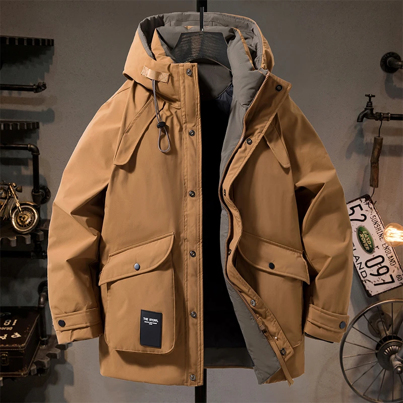 日本设计感中长款工装羽绒服男士2025新款冬季保暖多口袋连帽外套