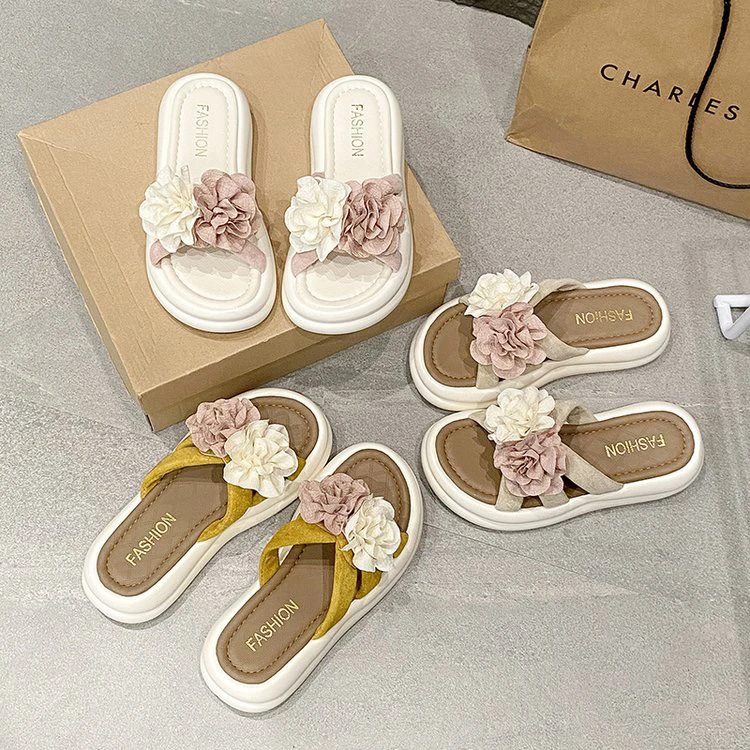 花朵凉拖鞋女款夏季外穿2025新款时尚百搭厚底法式沙滩凉鞋配裙子