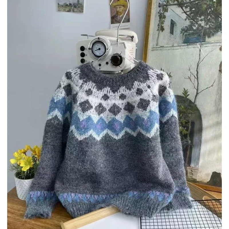 软糯菱格条纹提花加厚宽松保暖毛衣 K24265